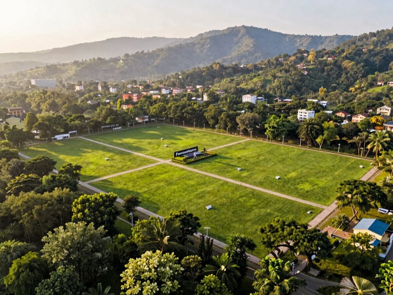 Wide-angle drone shot of premium commercial land plots in Dehradun, surrounded by lush greenery and clear boundary markings under bright daylight.