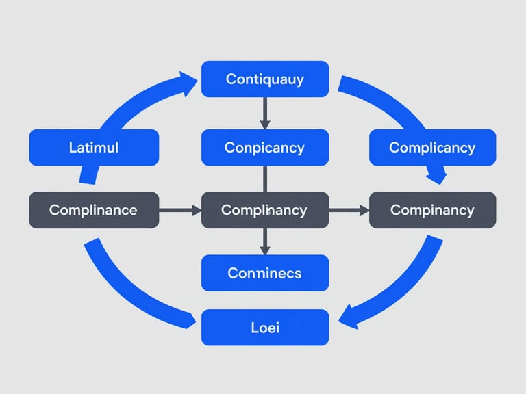 Clean vector diagram of a continuous compliance loop, structured flowcharts, modern tech aesthetic, cobalt blue and slate gray