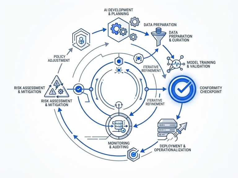 Minimalist vector technical schematic of an AI governance lifecycle, showing feedback loops, risk assessment nodes, and conformity checkpoints in cobalt blue and slate gray on a crisp white background.