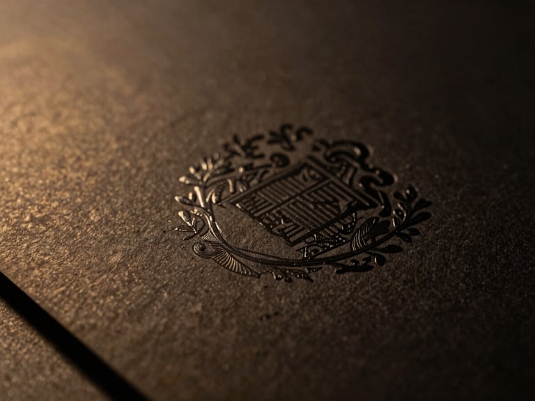 Wide panoramic 21:9 frame, macro shot of heavy textured paper stock and a subtle debossed crest, deep black and warm gold tones, shallow depth of field, 35mm