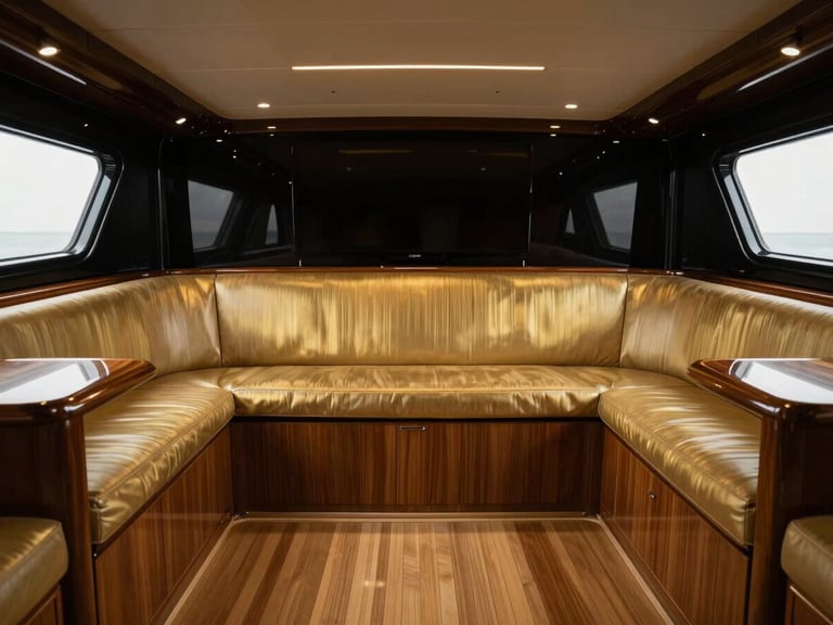 Wide shot of a bespoke custom-built luxury yacht interior, polished wood, brushed gold details, soft diffused light, sense of understated opulence.