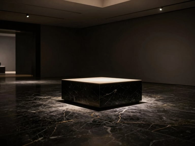 Wide panoramic 21:9 frame, sweeping architectural angle of an empty gallery space, dark marble floors, soft light illuminating a single pedestal, dramatic chiaroscuro, luxury editorial photography