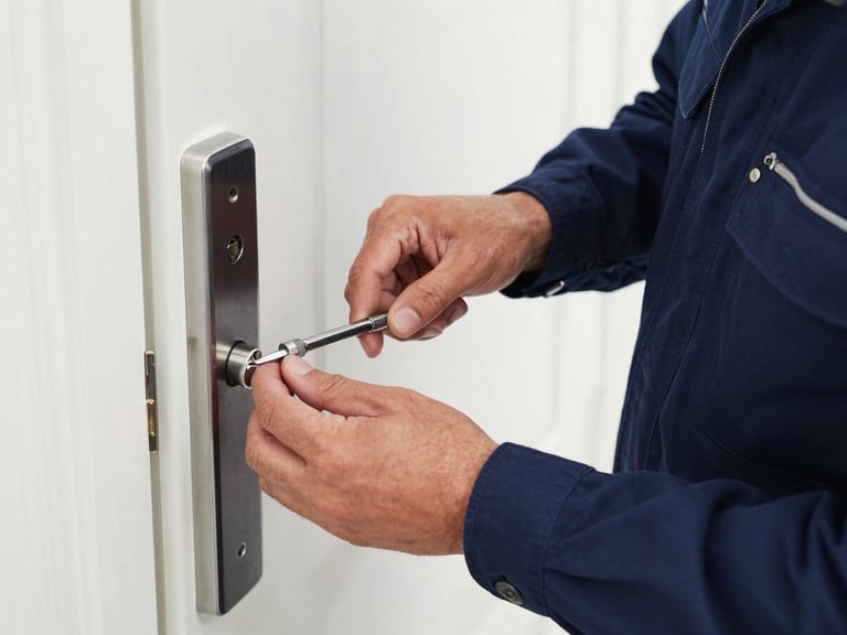 Close-up of a professional locksmith in a clean navy uniform carefully inserting a precision tool into a modern door lock, daytime lighting