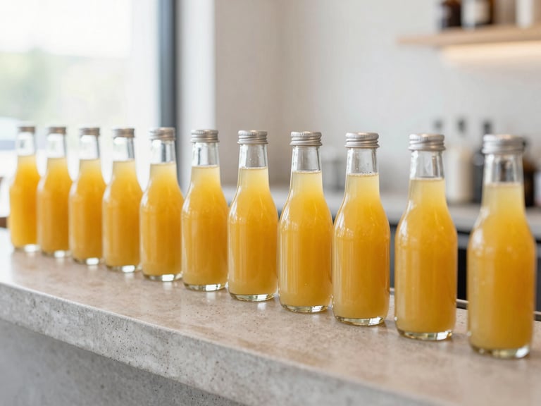 Minimalist glass juice bottles arranged on a polished concrete bar in a high-end hotel lobby, bright high-key daylight, sharp focus, vibrant natural colors