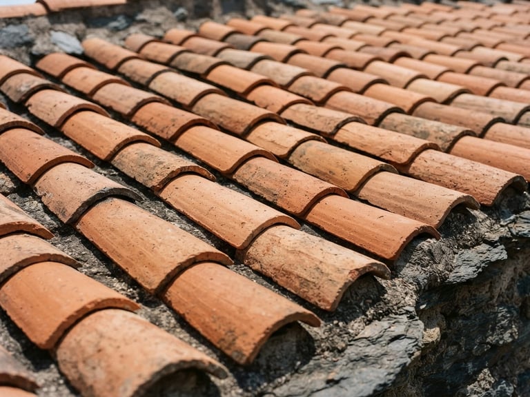 Close-up of traditional terracotta roof tiles aligned under bright Mediterranean sunlight, warm orange tones, slate background, editorial construction photography, 35mm lens