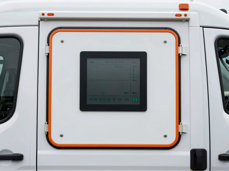 Close-up of a secure, temperature-controlled medical transport container with a digital display, inside a clean, branded vehicle, industrial editorial photography, overcast daylight, high-contrast desaturated tones with safety-orange accents, sharp focus, 35mm lens
