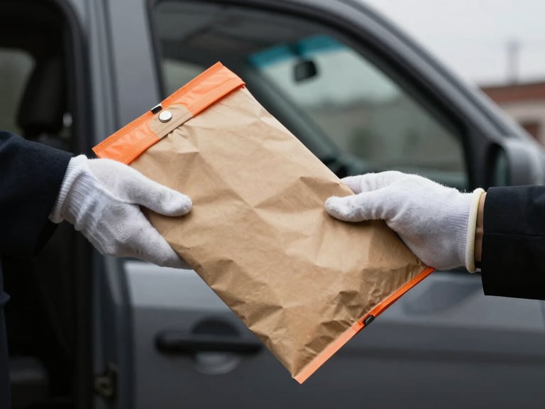 Close-up of a gloved hand passing a sealed legal document pouch to another gloved hand, inside a secure vehicle, industrial editorial photography, overcast daylight, high-contrast desaturated tones with safety-orange accents, sharp focus, 35mm lens