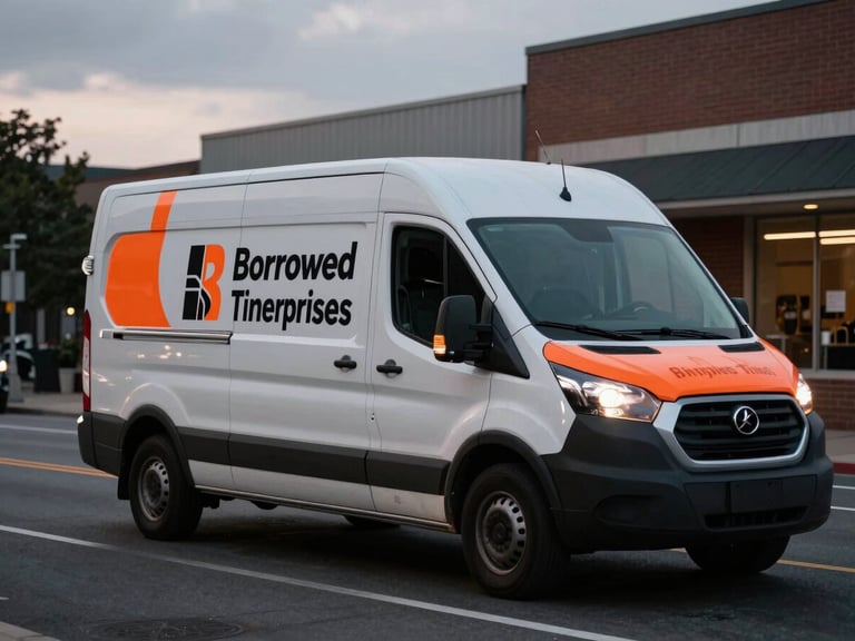 Branded Borrowed Time Enterprises Inc cargo van driving through an urban DC street at twilight, metallic surfaces, clean vehicle lines, industrial editorial photography, overcast daylight, high-contrast desaturated tones with safety-orange accents, sharp focus, 35mm lens