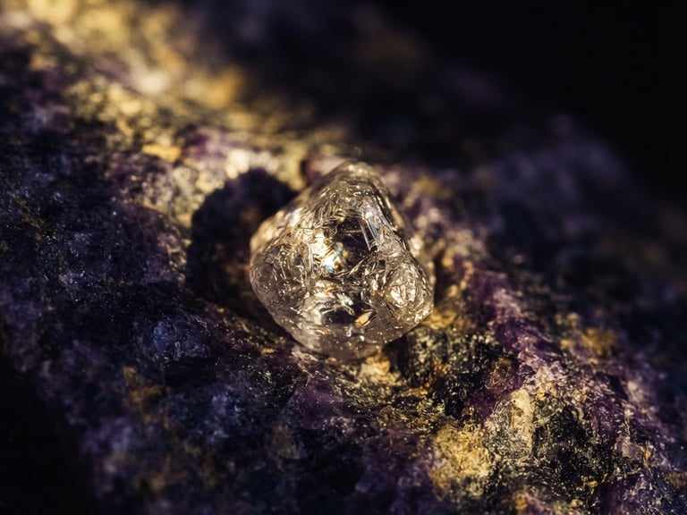 Macro photograph of a raw diamond crystal embedded in deep violet stone, sharp shafts of golden light cutting through shadows, fine art editorial style, 35mm.