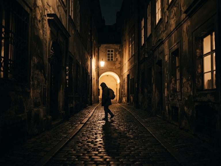 Extreme wide anamorphic film still, dramatic chiaroscuro backlighting, warm tungsten glow, 35mm grain