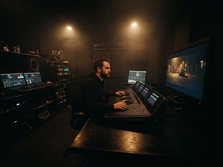 Extreme wide anamorphic film still of a dark grading suite, soft amber tungsten lighting reflecting off high-end console surfaces, cinematic haze, 35mm grain.