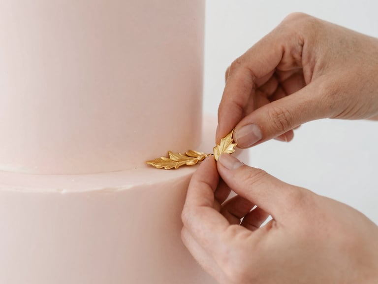 Macro shot of hands delicately placing a gold leaf detail onto a pastel pink wedding cake, soft diffused morning daylight, elegant editorial style