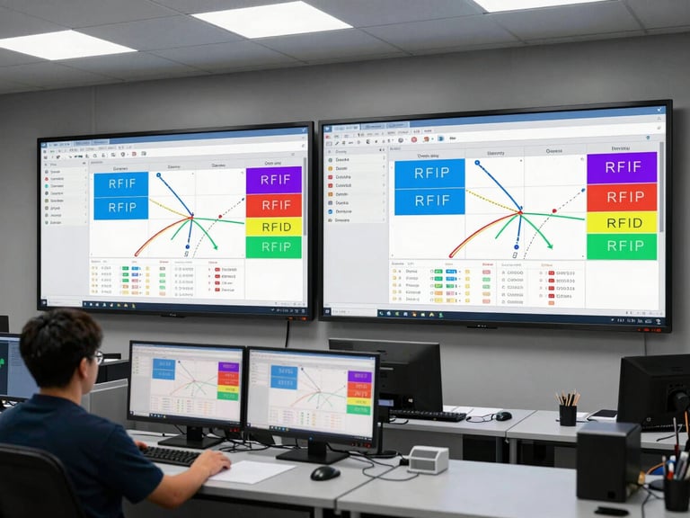 Wide environmental shot inside a distribution center command room, two large wall-mounted monitors displaying a unified inventory dashboard with color-coded RFID zones, GPS route lines, and tag event logs, an operator seated at a workstation in the foreground reviewing data, clean studio strobe lighting, no mood atmosphere