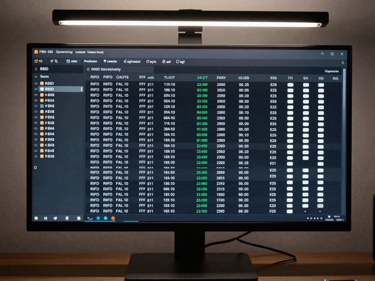 Close overhead shot of a wide-format monitor displaying a unified inventory dashboard with RFID read counts, GPS position markers, and tag scan logs arranged in a clean dark-themed interface, studio strobe lighting from above creating flat even illumination, no glare, hardware peripherals visible at desk edge