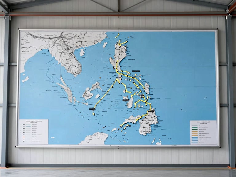 Crisp wide-angle editorial photography of a large physical flight coordination map mounted on a clean hangar wall, showing illuminated route lines across the Philippines, bright daylight.