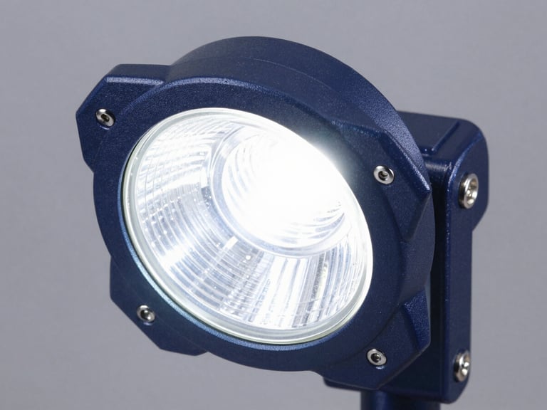 Rugged LED street light, die-cast aluminum housing, cool high-key laboratory light, sharp metallic textures