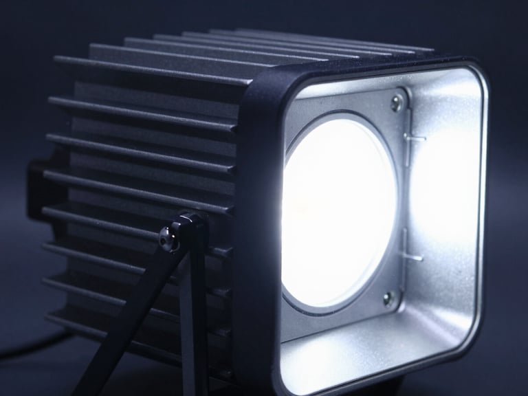 Powerful LED flood light, integrated heat sink fins, cool high-key laboratory light, sharp metallic textures