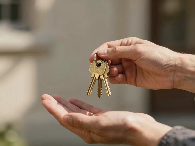 A close-up of hands handing over a set of brass keys to a new tenant, warm afternoon sun casting soft shadows, emphasizing a welcoming human touch.