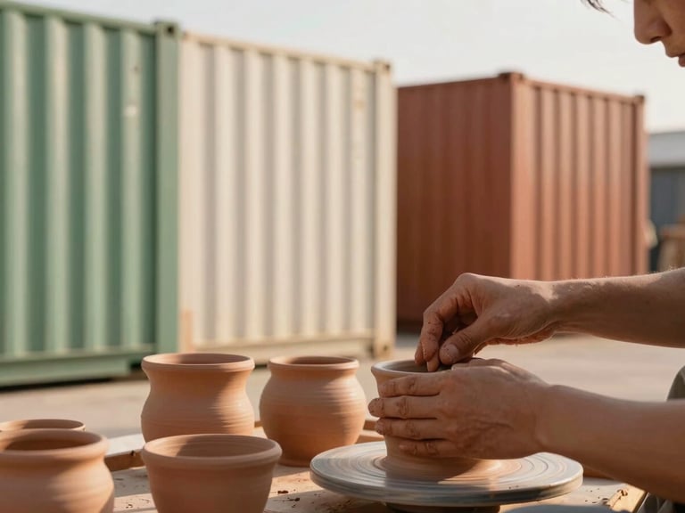 Close-up of hands crafting pottery at an outdoor artisan market stall, warm sunlight, container walls in soft focus.