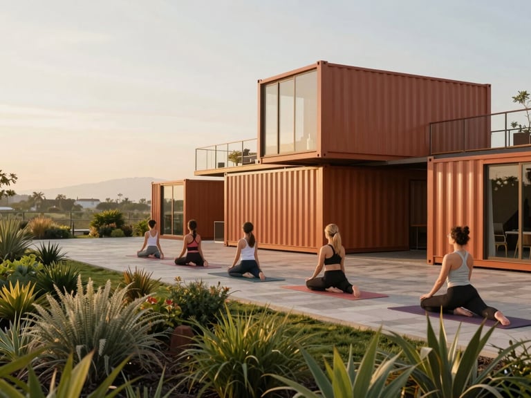 Group of people doing outdoor yoga in the MAG Huechuraba plaza, golden hour sunlight, green landscaping and container structures visible.