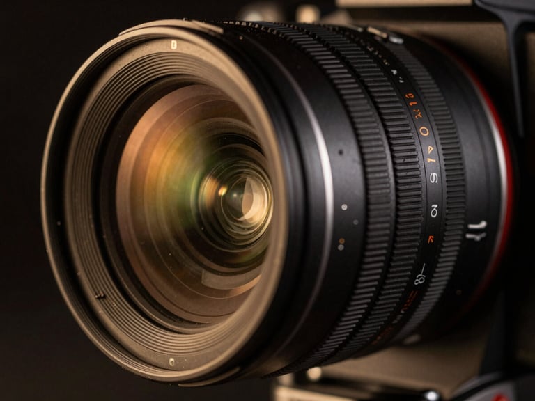 Macro close-up of a high-end cinema camera lens, dramatic low-key side lighting, gold reflections on brushed metal, deep shadows, ultra-detailed texture.
