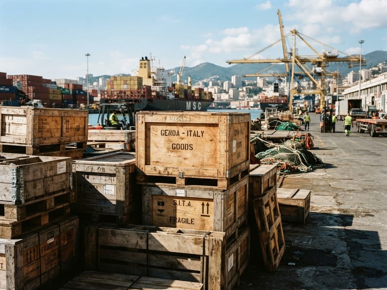 Medium-wide environmental shot of wooden crates on shipping docks in Genoa, high-contrast natural Mediterranean sunlight, rich earthy tones, medium format film
