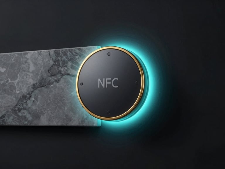 Macro close-up of a sleek, dark metallic NFC-enabled sensor embedded in a minimalist marble wall, illuminated by a precise gold rim light.