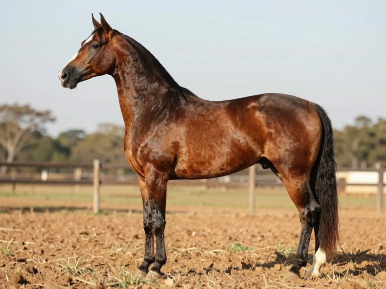 Three-quarter rear view of a Mangalarga Marchador stallion showing hindquarter muscle structure and tail carriage in late-afternoon natural light, photographed in a paddock with warm tobacco-brown earth visible beneath — no handlers, no riders, conformation detail dominant