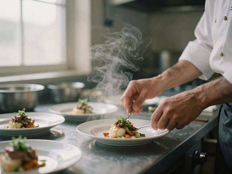 Chef's hands carefully plating a dish in a bustling kitchen, steam rising, natural light from a window, shallow depth of field, 35mm film look