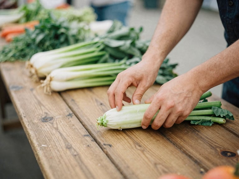Hands arranging fresh produce on a rustic wooden table at an outdoor market, natural overcast daylight, earthy muted tones, shallow depth of field, 35mm film look