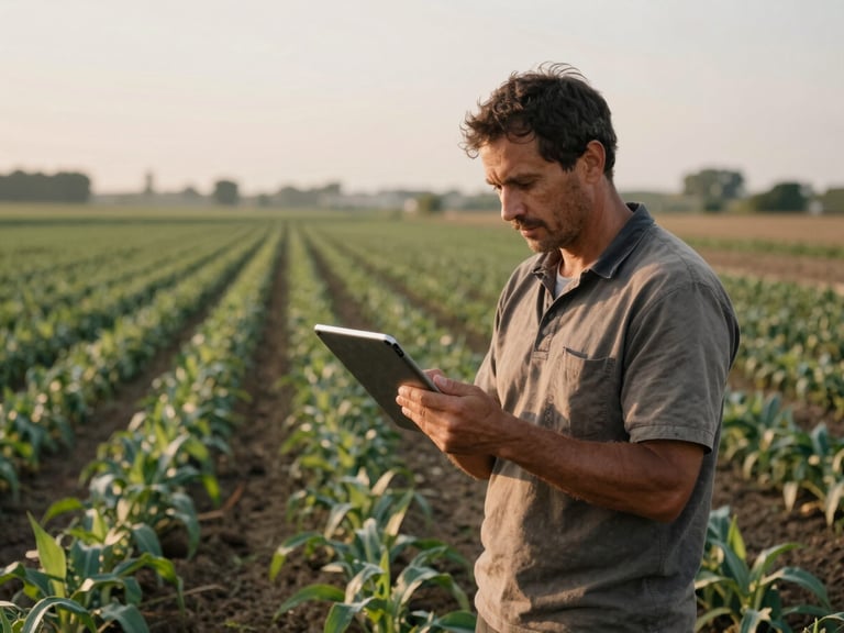 A farmer standing in a field at golden hour, looking at a tablet, with rows of crops in the background, earthy muted tones, shallow depth of field, 35mm film look