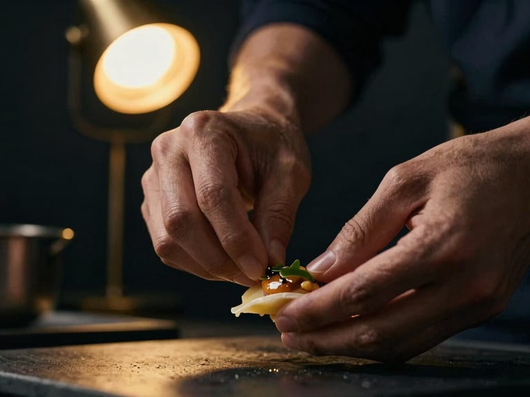 Close-up macro of hands preparing a gourmet dish in a dark kitchen, warm golden-yellow spotlights, moody studio lighting, 35mm