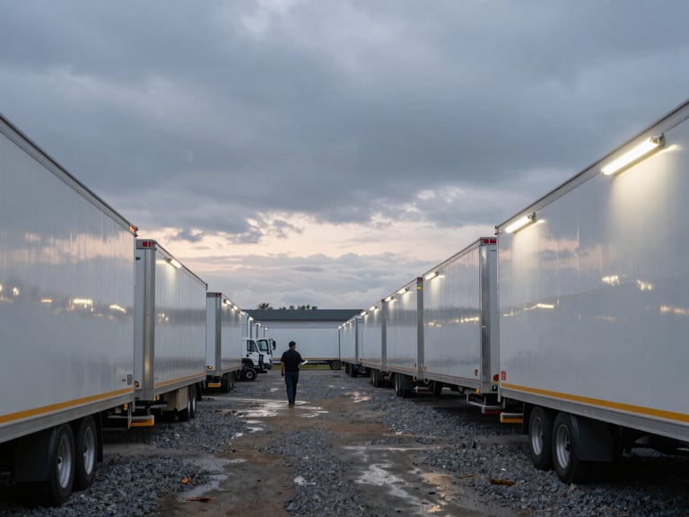Wide environmental shot inside a large staging yard at overcast dawn—rows of dry-van trailers parked in organized bays, fluorescent dock lights still on, a single technician with a clipboard walking the line between units, gravel ground wet from overnight rain, steel-gray sky overhead