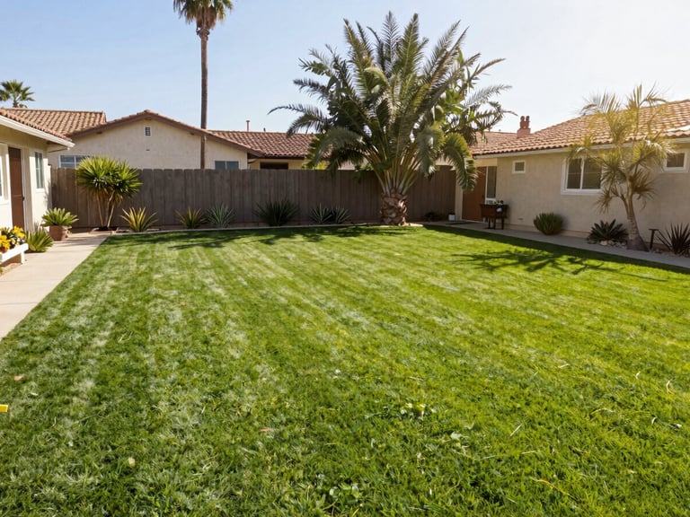 Wide shot of a pristine, green residential backyard in Southern California with turf grass, desert plants in the background, bright warm sunlight