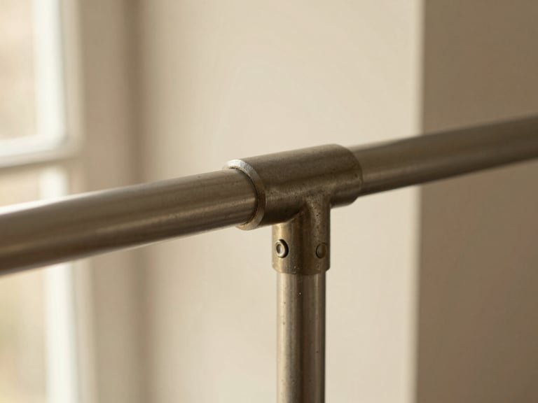 A macro close-up shot of a heavy-duty steel joint on a WATIOWL garment rack, showcasing the warm-toned matte finish and seamless structural connection under soft window light.