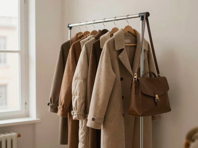 A medium environmental shot of a WATIOWL garment rack styled beautifully in a minimal apartment hallway, holding heavy winter coats and structured bags.