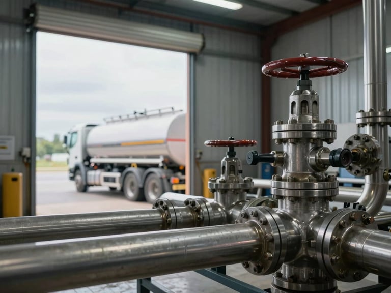 Close-up environmental shot inside a fuel depot, stainless steel transfer pipes and valve manifolds in sharp focus in the foreground, a tanker truck partially visible in the background through a corrugated metal bay door, overcast daylight filtering in, no people, operational scale implied by the density of infrastructure
