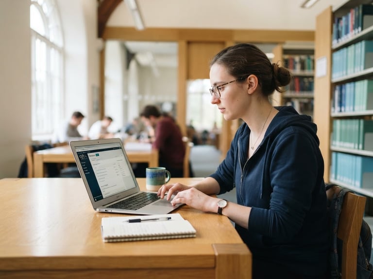 A bright university library interior with a researcher looking at a laptop showing OJS submission portal, clean daylight, soft blue and green tones, 50mm lens