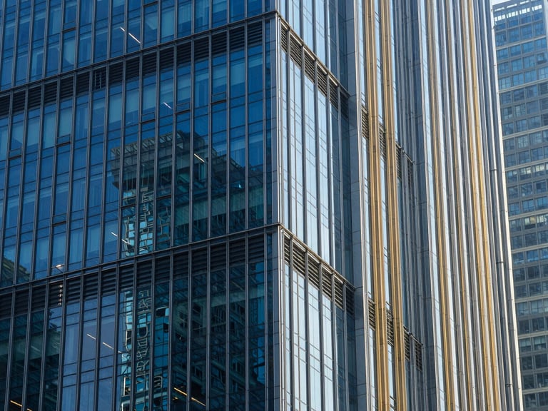Architectural lines of a modern financial district skyscraper, deep blue glass reflecting daylight, crisp geometric composition