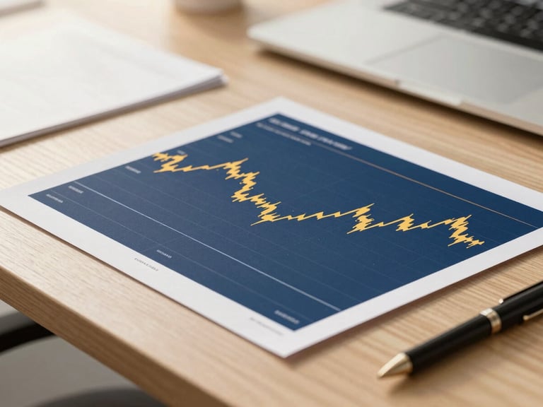 Close-up of strategic financial charts on a modern wooden desk, clean geometric lines, soft golden daylight, professional