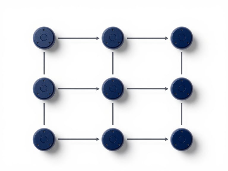 Abstract technical diagram illustrating data flow from sensor to intervention, in deep navy and white, high-contrast, clean lines.