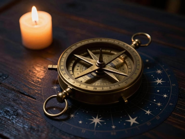 Close-up of a vintage brass astrolabe and star charts on a dark wood table, illuminated by a single warm candle, deep shadows