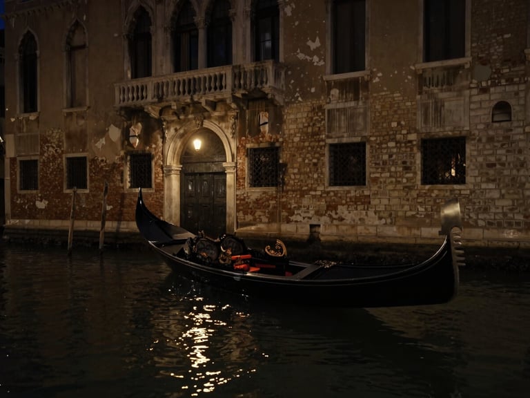 A dark Venetian canal at night, a single black gondola floating near a decaying gothic palace entrance, low-key candlelight reflecting on water