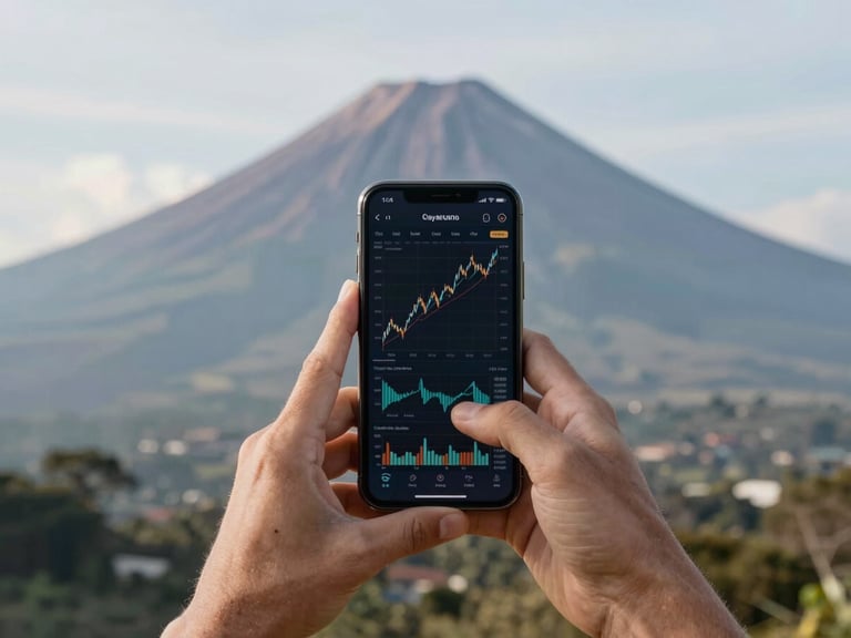 Crisp daylight wide-angle shot of clean hands holding a modern smartphone displaying financial graphs, with the majestic Cayambe volcano silhouette softly out of focus in the background.