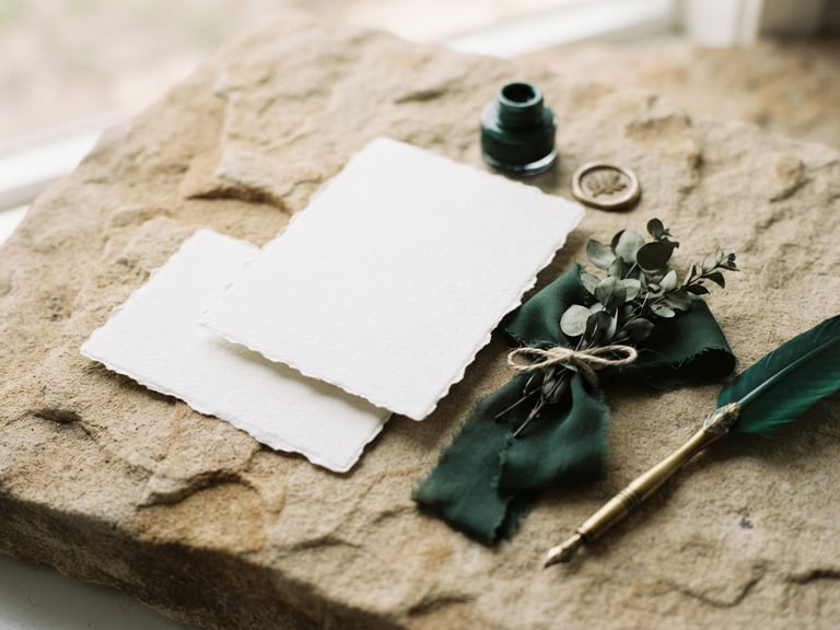 A clean mockup of high-end business stationery on textured sandstone, soft natural daylight, deep forest green accents, shallow depth of field