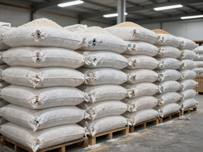 Crisp, detailed shot of stacked high-quality flour sacks and rice grains inside a clean, modern, well-lit regional warehouse in Cuba, showing technical organization.