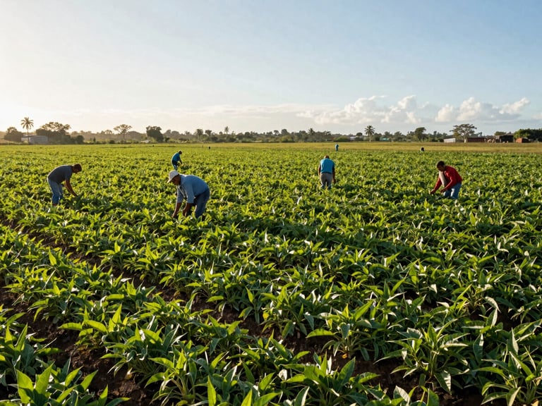 Wide environmental shot of green agricultural fields in Cuba with workers managing crops under bright morning sunlight