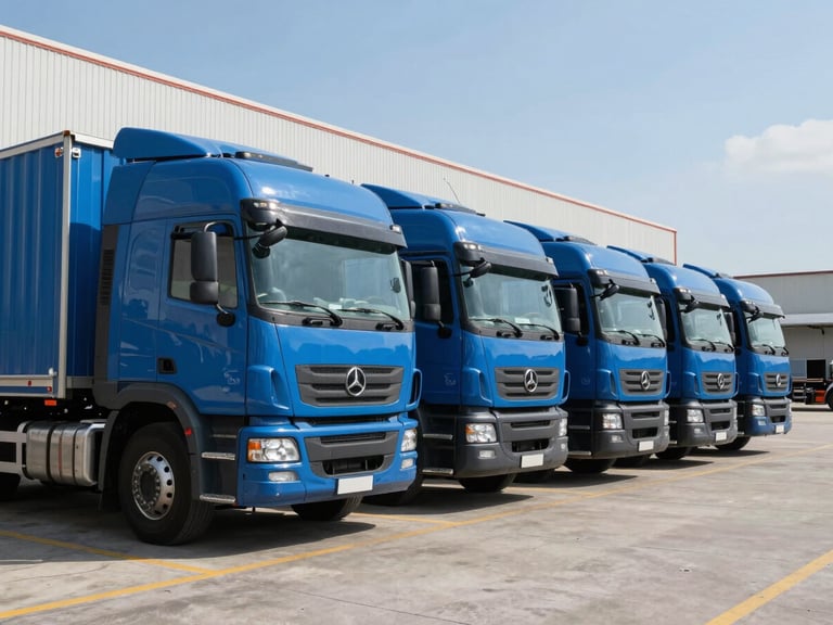 A fleet of blue cargo trucks parked in a modern distribution terminal in Camagüey under clear daylight