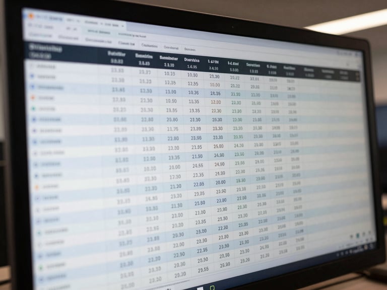 Close crop of a monitor displaying a financial dashboard with P&L table rows and column headers, cool ambient office lighting, screen fills the frame edge to edge, data clearly legible