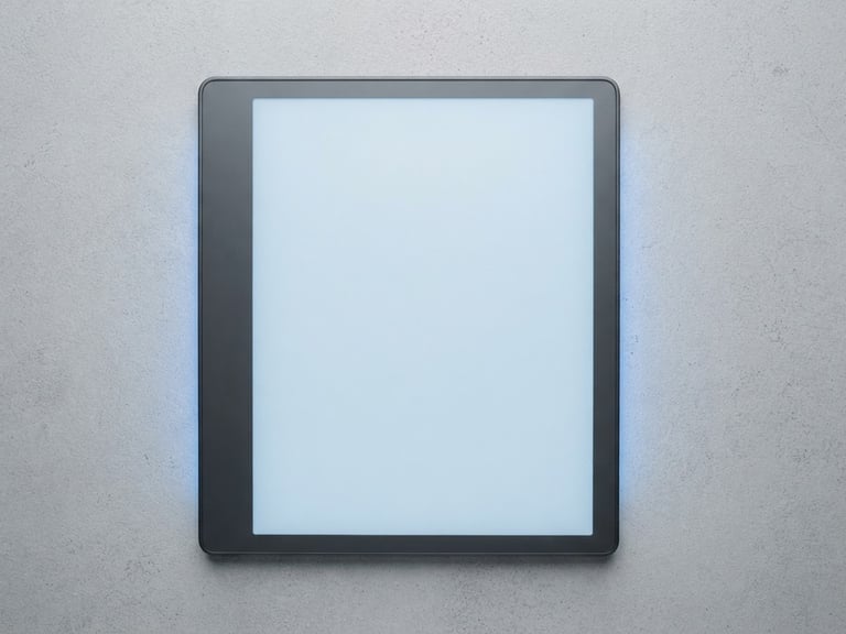 Overhead flatlay of a modern e-reader displaying crisp minimalist typography, cool studio lighting with subtle blue backlighting, sharp focus, 35mm lens